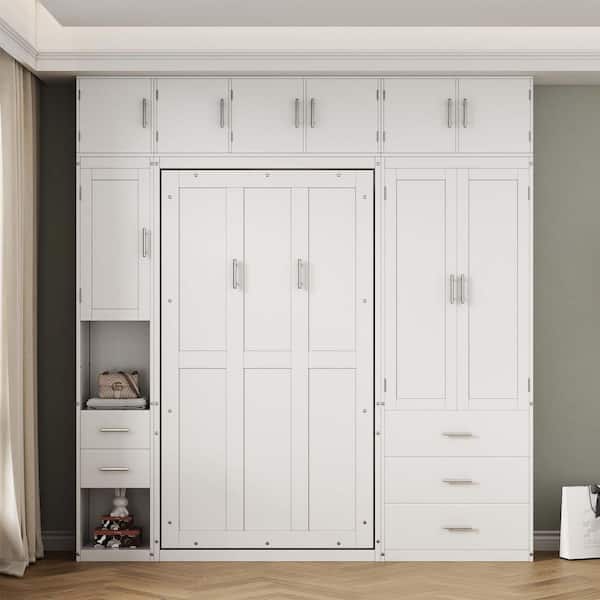 White Wood Frame Twin Size Murphy Bed with Lockers and Wardrobes