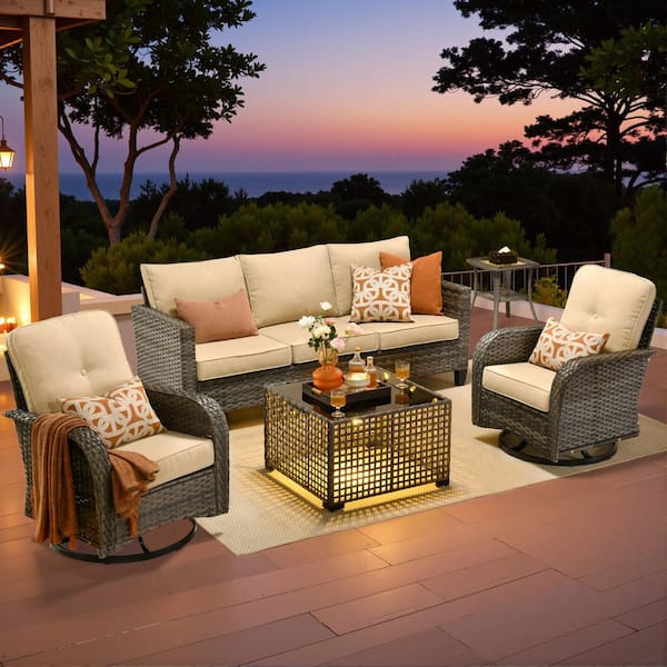 Nvelyn Gray 5-Piece Wicker Patio Conversation Set with Beige Cushions and Swivel Chairs