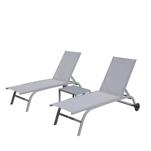 LONDAMA Grey 3-Piece Metal 5-Adjustable Position Outdoor Chaise Lounge with Side Table