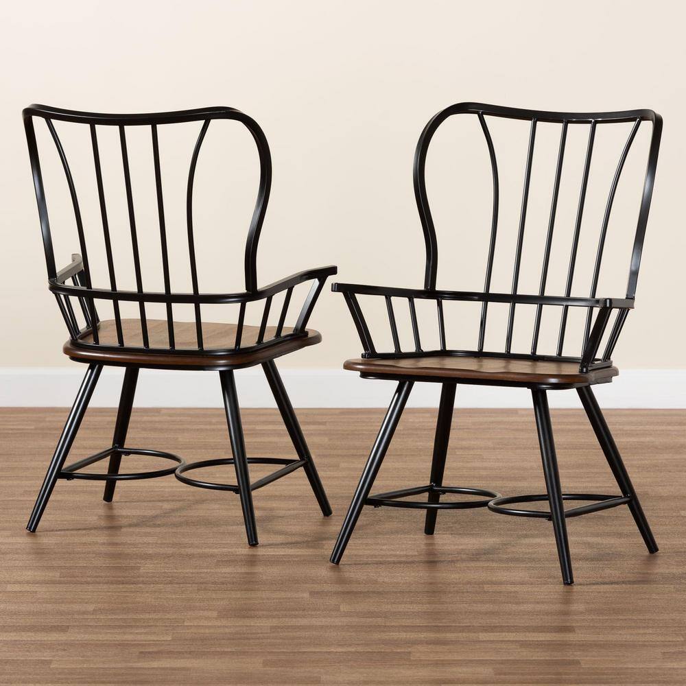 Longford Dark Walnut and Black Metal Windsor Arm Chair Set
