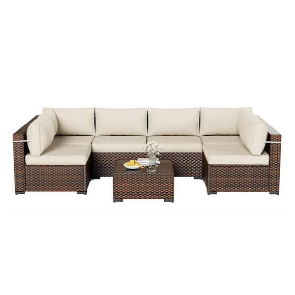 Sizzim Brown 7-Piece Wicker Rattan Outdoor Sectional Set with Red Cushions, Coffee Table and Set Cover