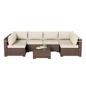 Gray 7-Piece Wicker Rattan Outdoor Sectional Set with Gray Cushions, Coffee Table and Set Cover