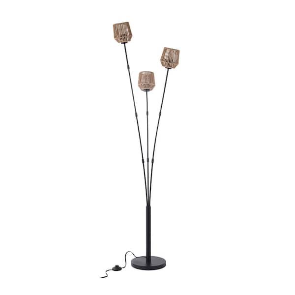 64.96 in Black Rattan Tree Floor Lamp with 3-Bulbs Included