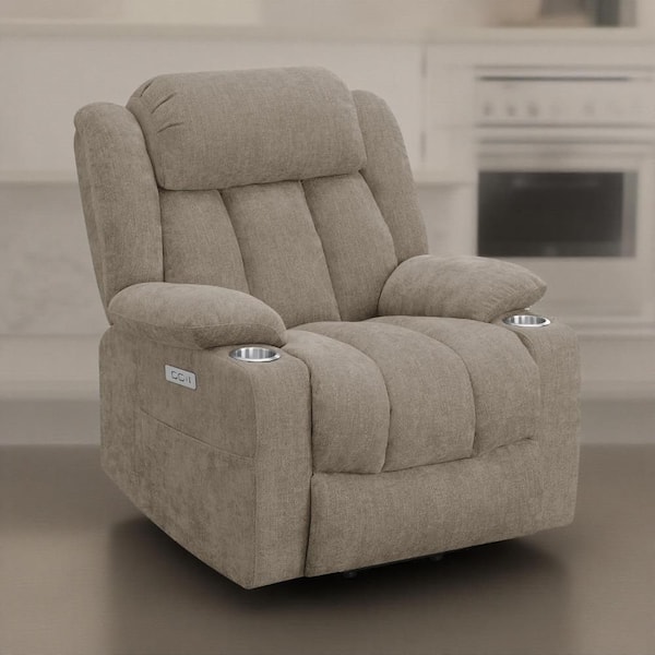Benjara Limi Camel Brown Fabric Glider Power Recliner Chair with Cup Holders