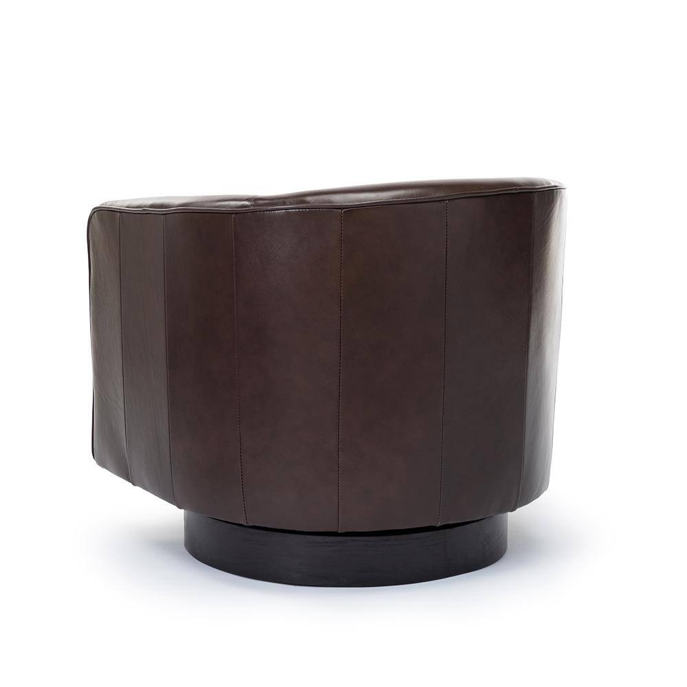 Transitional Black Top Grain Leather Swivel Barrel Chair with Wooden Base
