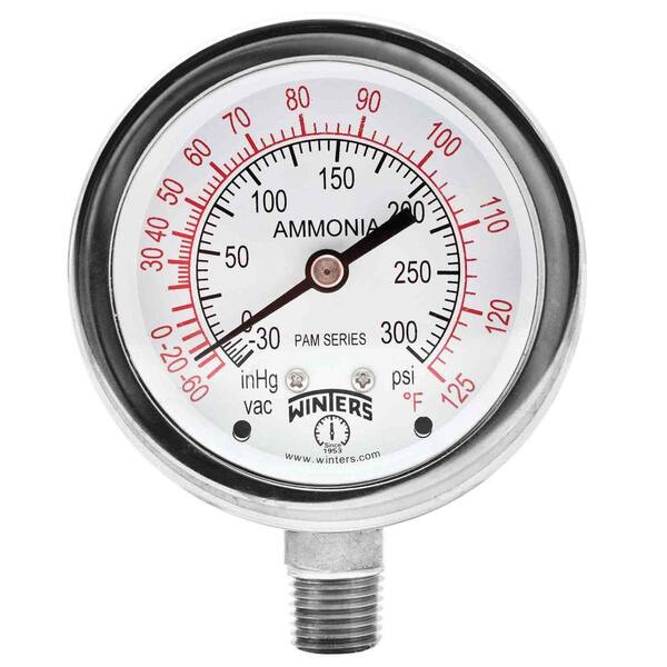 Winters Instruments PAM Series 2.5 in. Stainless Steel Case Ammonia Pressure Gauge with 1/4 in. Bottom Connect and Range of 30-0-150 psi/F