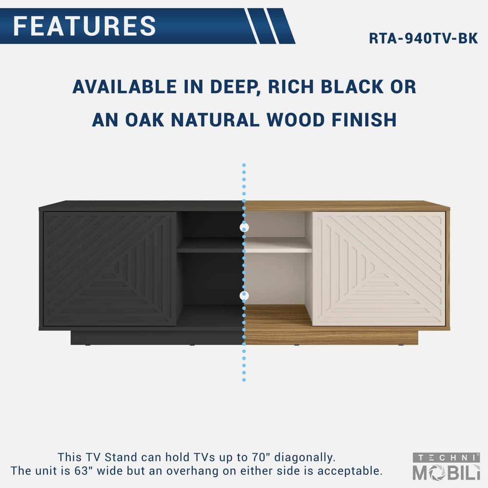 Black Particle Board TV Stand with Chevron Pattern Doors, 63"