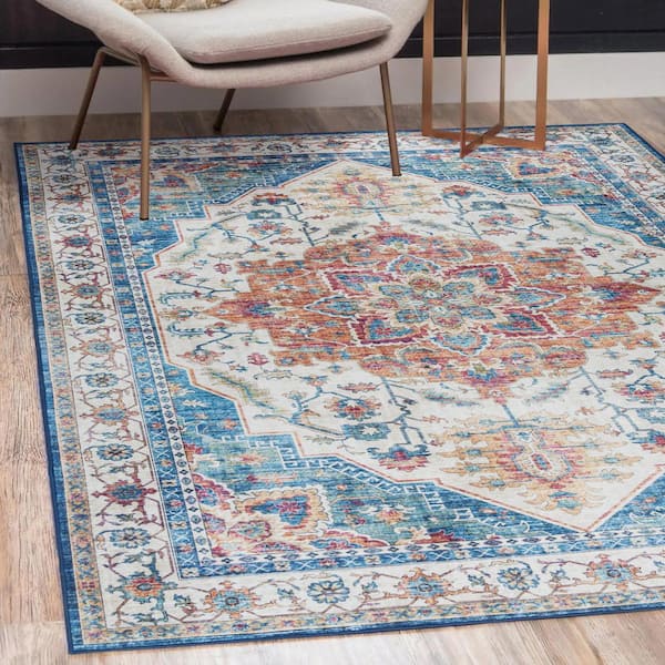 Crystal Print Soha Blue 5 ft. x 7 ft. Center Medallion Indoor Area Rug
