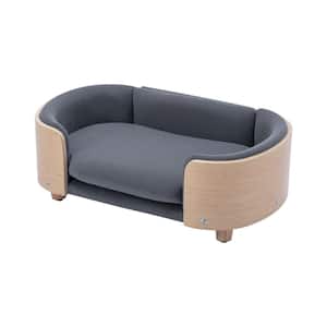 Medium Size Dark Gray Solid Wood Dog Bed With Solid Wood legs and Bent Wood Back, Velvet Cushion