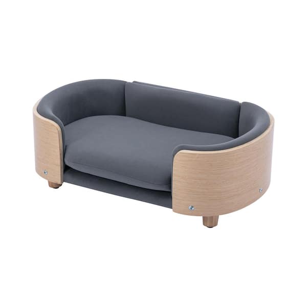maocao hoom Medium Size Dark Gray Solid Wood Dog Bed With Solid Wood legs and Bent Wood Back, Velvet Cushion