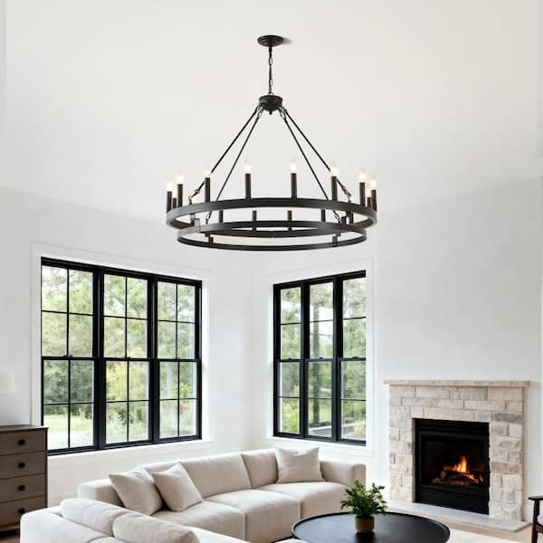 39 in. Black 16 Lights Black Wagon Wheel Chandelier, Rustic Pendant Light, 2 Tier for Dining Room Living Room Entryway