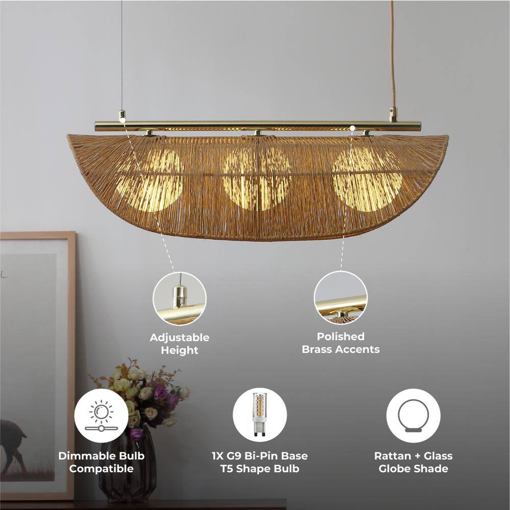 Sovev 27.5 in. Brass Bohemian Pendant Light with Rattan and Glass Shades