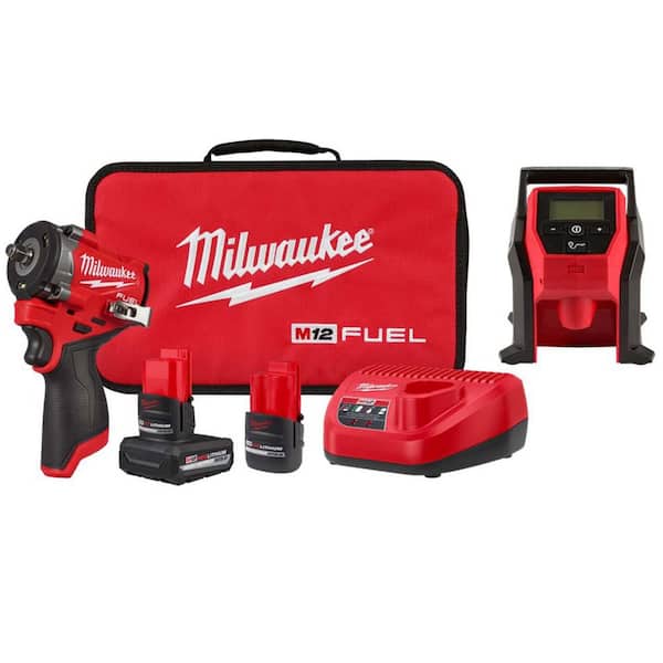 M12 FUEL 12V Li-Ion Brushless Cordless Stubby 3/8 in. Impact Wrench Kit w/ 5.0Ah, 2.5Ah High Output Batteries & Inflator