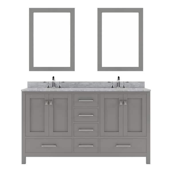 Virtu USA Caroline Avenue 60 in. W x 22 in. D x 34 in. H Double Sink Bath Vanity in Cashmere Gray with Marble Top and Mirror