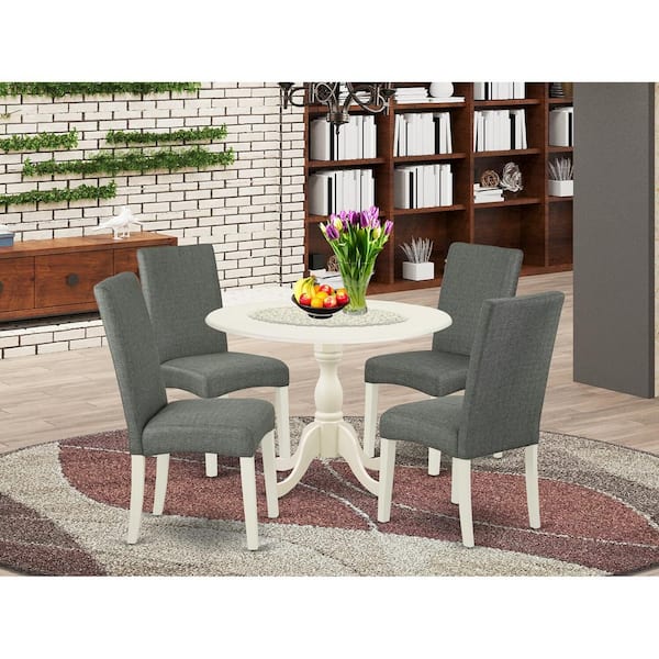 East West Furniture 5-Piece Linen White Finish Solid Wood Top Dining table with 4 Chairs with Drop Leaf Lattice Back