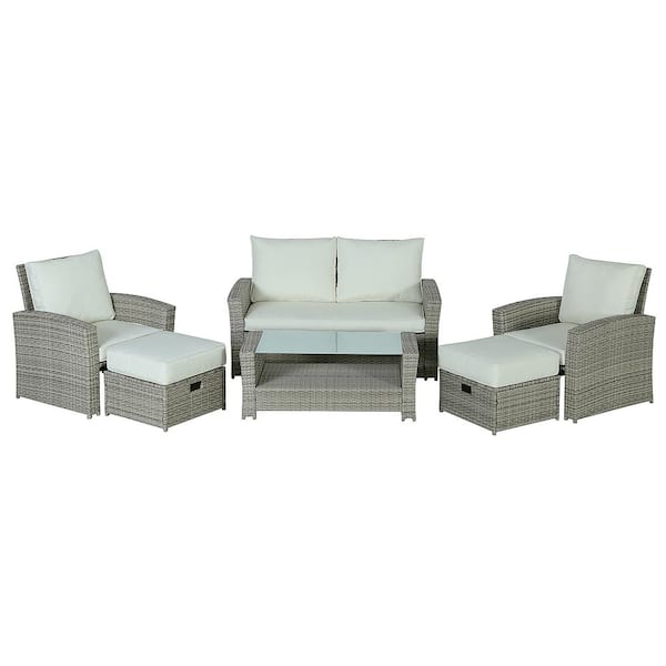 Zeus & Ruta Gray 6-Piece Wicker Metal Patio Conversation Set with Beige Cushions and Coffee Table