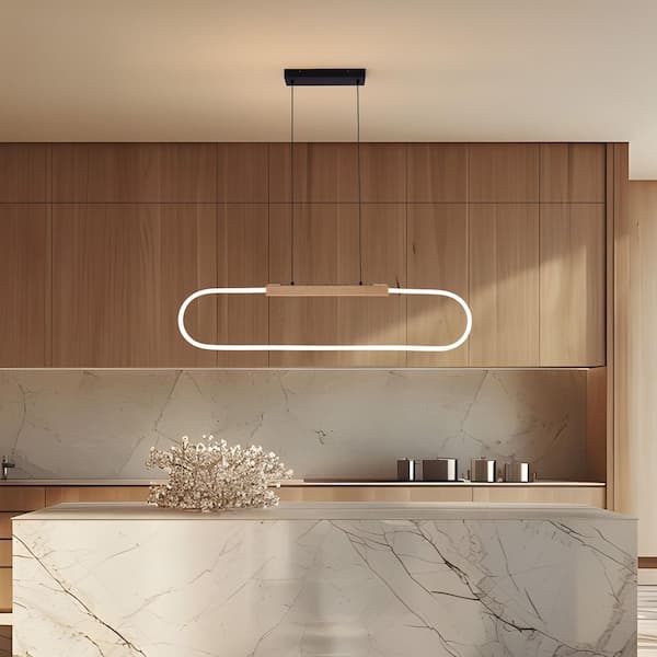 Modern 1-Light 47 in. Dimmable Integrated LED Black Transparent Round Wood Oval Pendant Light Chandelier for Dining Room