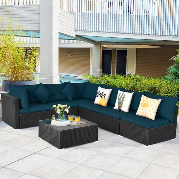 Clihome 7-Piece Wood Outdoor Sectional Wicker Furniture Sofa Set with Blue Cushions and Tempered Glass Top Coffee Table