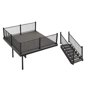 Apex Attached 12 ft x 12 ft Alaskan Driftwood PVC Deck Kit and 7-Step Stair Kit with Steel Framing and Aluminum Railing