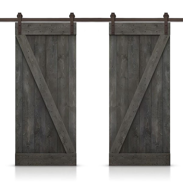 CALHOME Z 96 in. x 84 in. Bar Series Carbon Gray Stained DIY Solid Pine Wood Interior Double Sliding Barn Door with Hardware Kit
