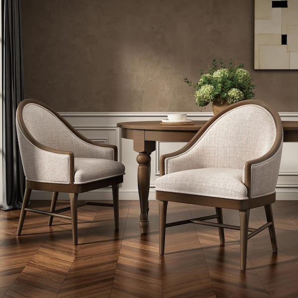 Littell Modern Beige Polyester Fabric Upholstered and Solid Wood Dining Arm Chairs, Curved Backrest, Set of 2