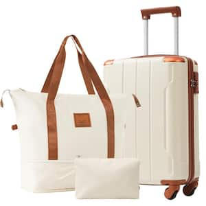 3-Piece White and Brown ABS Hardshell Spinner 20 in. Luggage Set with an Expandable Travel Duffel Bag, a Toiletry Bag