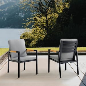 Crown Black Aluminum and Teak Outdoor Dining Chair with Dark Grey Fabric Removable Cushion (Set of 2)