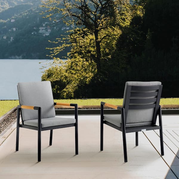 Armen Living Crown Black Aluminum and Teak Outdoor Dining Chair with Dark Grey Fabric Removable Cushion (Set of 2)