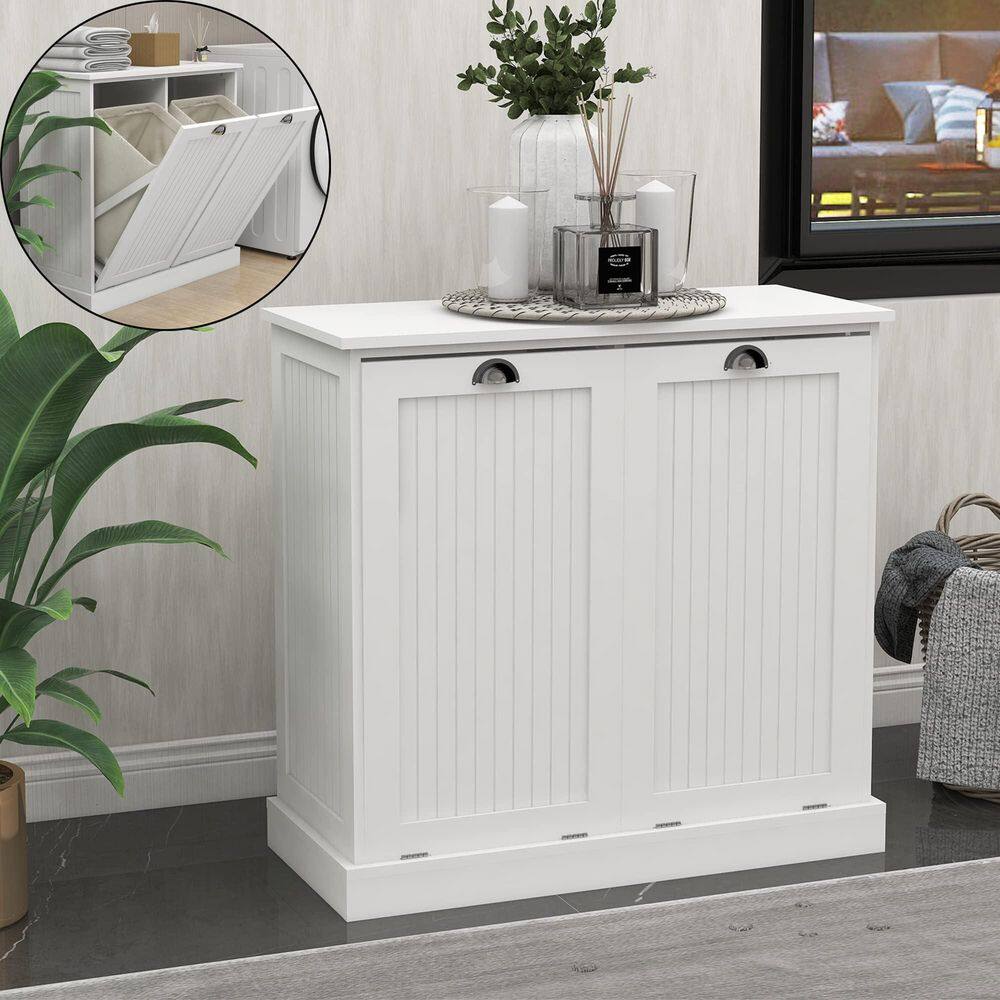 32.6 in. W x 14.5 in. D x 31.5 in. H MDF Assembled Tilt Out Trash Can Cabinet in White Laundry Hamper Cabinet w/Basket price history on PriceWatchPro