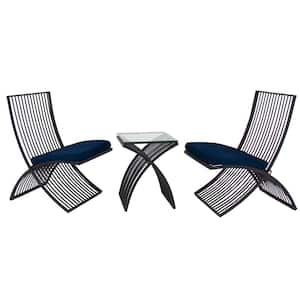 Black 3 -Piece Metal Small Folding Outdoor Seating Set with Navy Cushions (Set of 3)