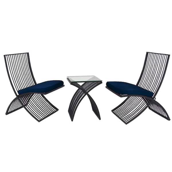Litton Lane Black 3 -Piece Metal Small Folding Outdoor Seating Set with Navy Cushions (Set of 3)