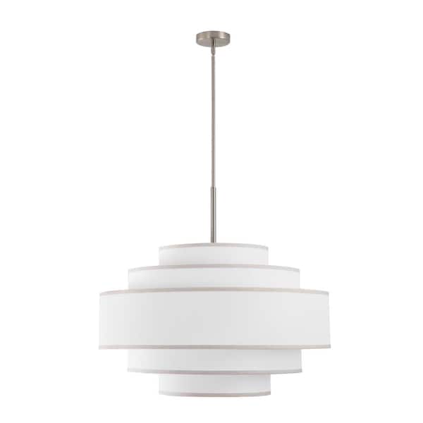 30 in. 7-Light Brushed Nickel Tiered Drum Chandelier with White Fabric Shades