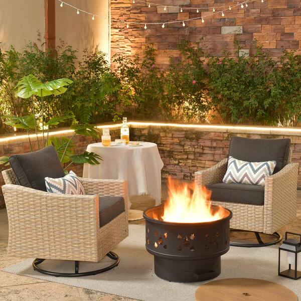 weaxty W Camelia Beige 3-Piece Wicker Patio Fire Pit Swivel Rocking ...