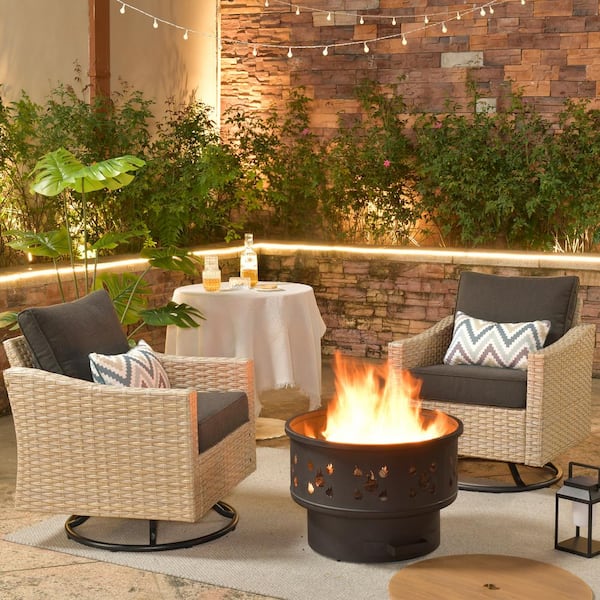 weaxty W Camelia Beige 3-Piece Wicker Patio Fire Pit Swivel Rocking Chair Seating Set with Black Cushions