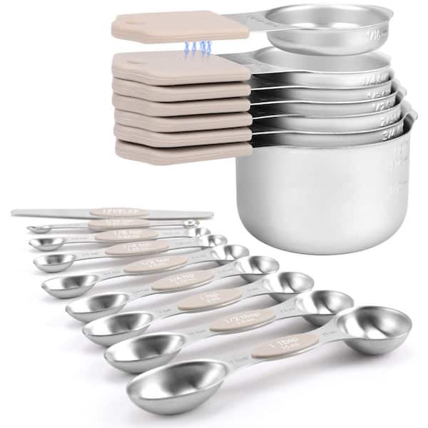 16-Piece Khaki 304-Stainless Steel Magnetic Measuring Cups and Spoons Set with Double Measurement Markings and Leveler