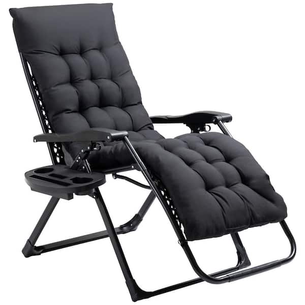 Tenleaf Black Metal Folding Reclining Outdoor Lounge Chair with Dark Gray Cushion