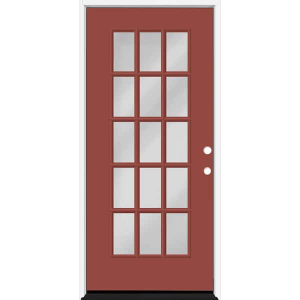 Steves & Sons Reliant 32 in. x 80 in. Full Lite 15L SDL Clear Glass LHIS Morocco Red Finish Fiberglass Prehung Front Door 4-9/16 Jamb