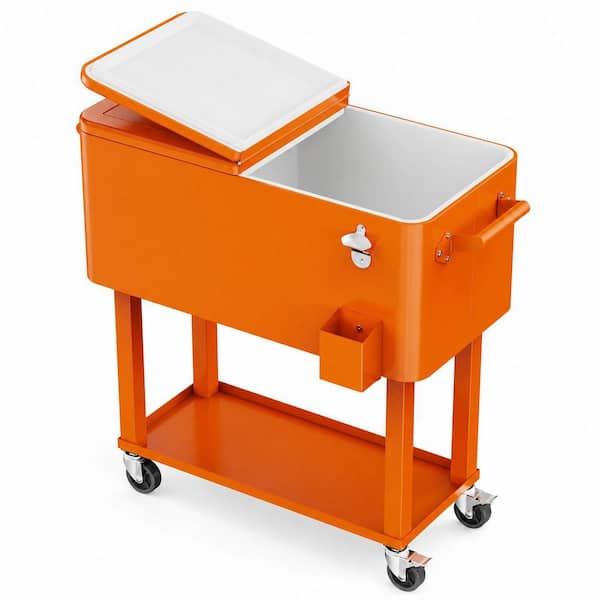 80 qt. Beverage Jug Chest Soft-Side Cooler in Orange with Rolling Wheels, Dual Lid, Opener, Cap Catcher, Tray