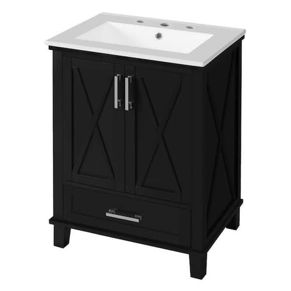 24 in. Single Sink Black Bath Vanity with White Ceramic Top, 2 Soft-Close Doors, 1 Divided Drawer, Unassembled