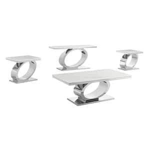 Megan 55 in. White Rectangle Marble Top Coffee Table Set with Stainless Steel Base 4-Piece