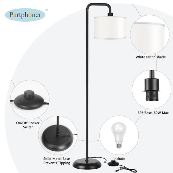 64.1" Black Paint Modern Standing Lamp, 1 Bulb 3 Color Temp Arc Floor Lamp for Living Room with Fabric Shade Footswitch