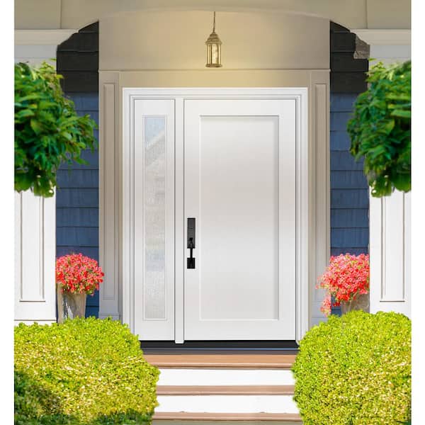 Legacy 51 in. x 80 in. 1 Panel Shaker RHIS Unfinished White Fiberglass Prehung Front Door w/Rain 12 in.SL 4-9/16 Jamb