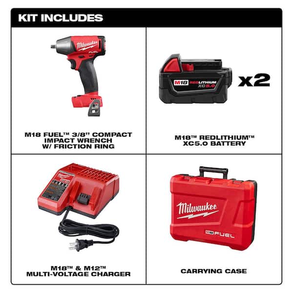 Milwaukee - M18 FUEL 18-Volt Lithium-Ion Brushless Cordless 3/8 in. Impact Wrench with Friction Ring Kit with Two 5 Ah Batteries