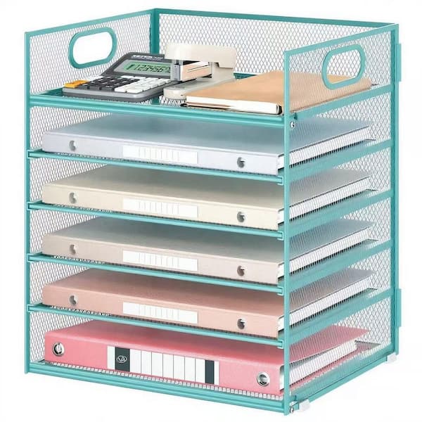 12.6 in x 13.5 in Blue Metal 6 Tiers Letter Tray Paper Organizer with Handle, Mesh Desk File Organizer