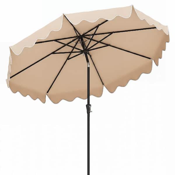 corsica patio umbrella tan olefin 9 x 7-ft Safavieh Bethany 9Ft Wooden 8 umbrella ribs add support for steadier shade A vented double top improves airflow for better stability Polyester canopy lasts longer with sun and drizzle resistance Ruffled scallops add elegance with decorative patio appeal Push Blue Star Group OFF-THE-WALL BRELLA,
