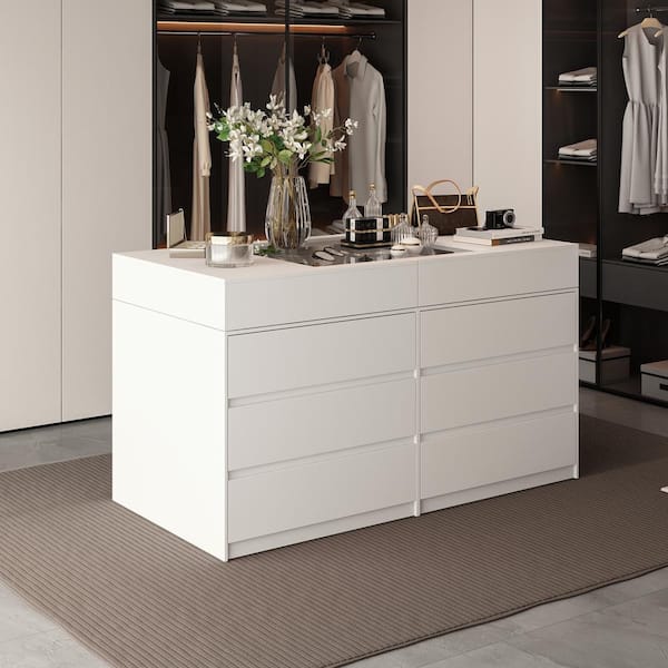 White12-Drawers 63 in. Width Large Bedroom Dresser, Chest of Drawers with Glass Top, Openable Top Storage and 12 Drawers