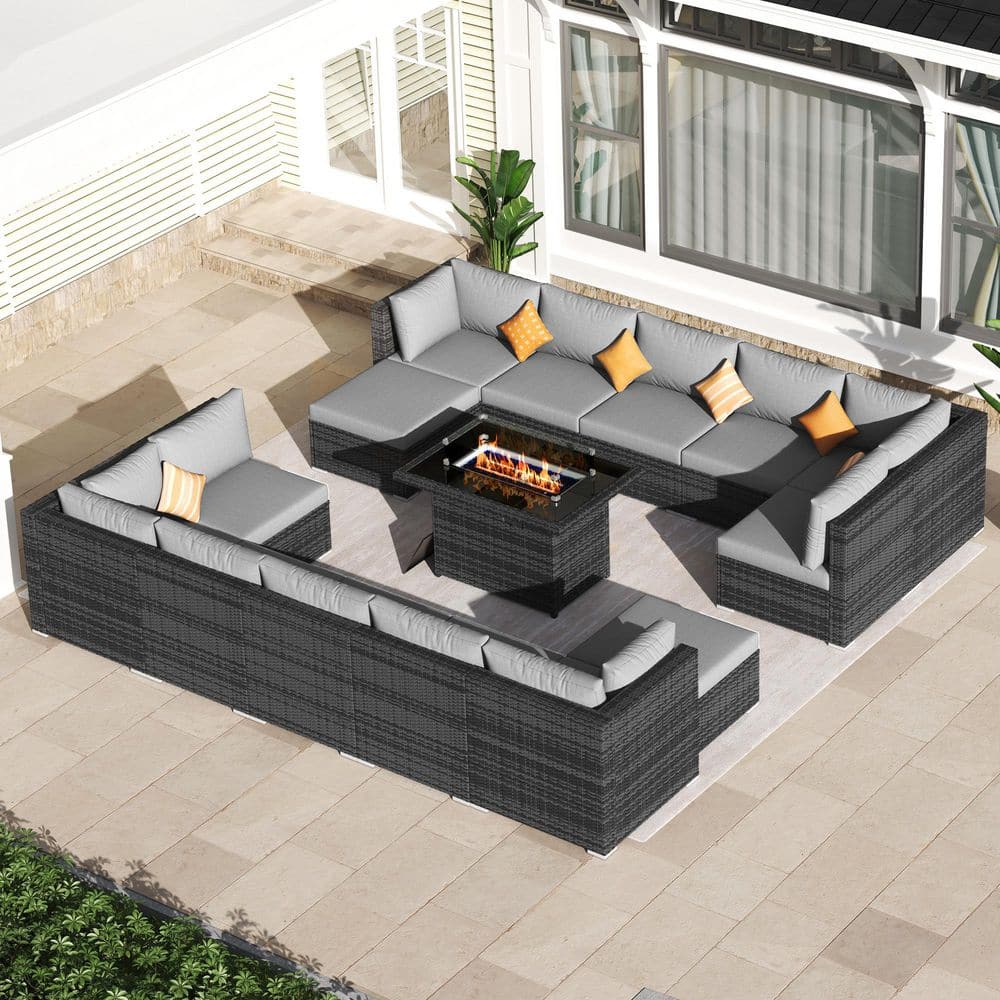 15-Piece Outdoor Wicker Patio Furniture Deep Seating Conversation Set with Fire Pit Table, Light Gray Cushion, Ottoman price history on PriceWatchPro