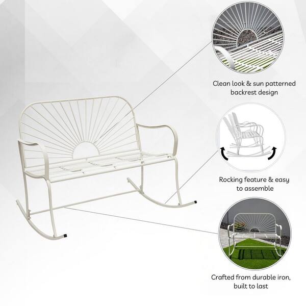 38.2 in. W 2-Person Seating White Metal Sun-Patterned Indoor/Outdoor Rocking Patio Glider