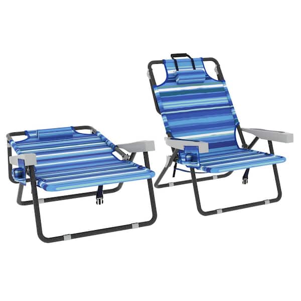 VEIKOUS 2-Pack Backpack Beach Chairs Adjustable Folding Lounge Chairs with Pillow and Storage Bag, Blue Stripe