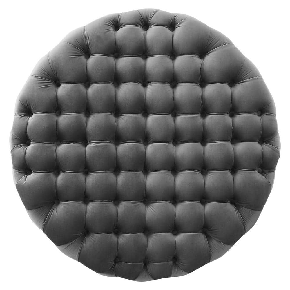 Amour Large Round Gray Velvet Tufted Ottoman